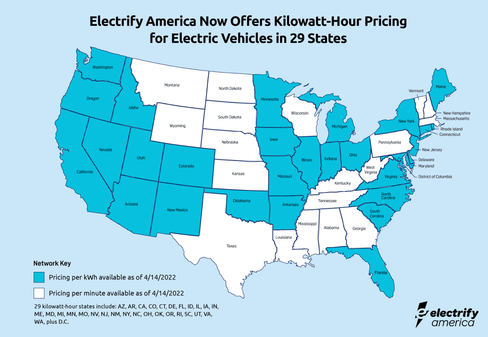 Electrify America locations on map in 29 states