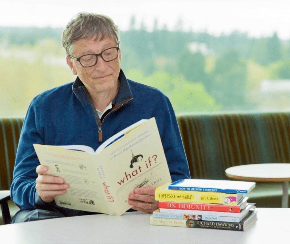 Image of Bill Gates reading a Book as one of his hobbies